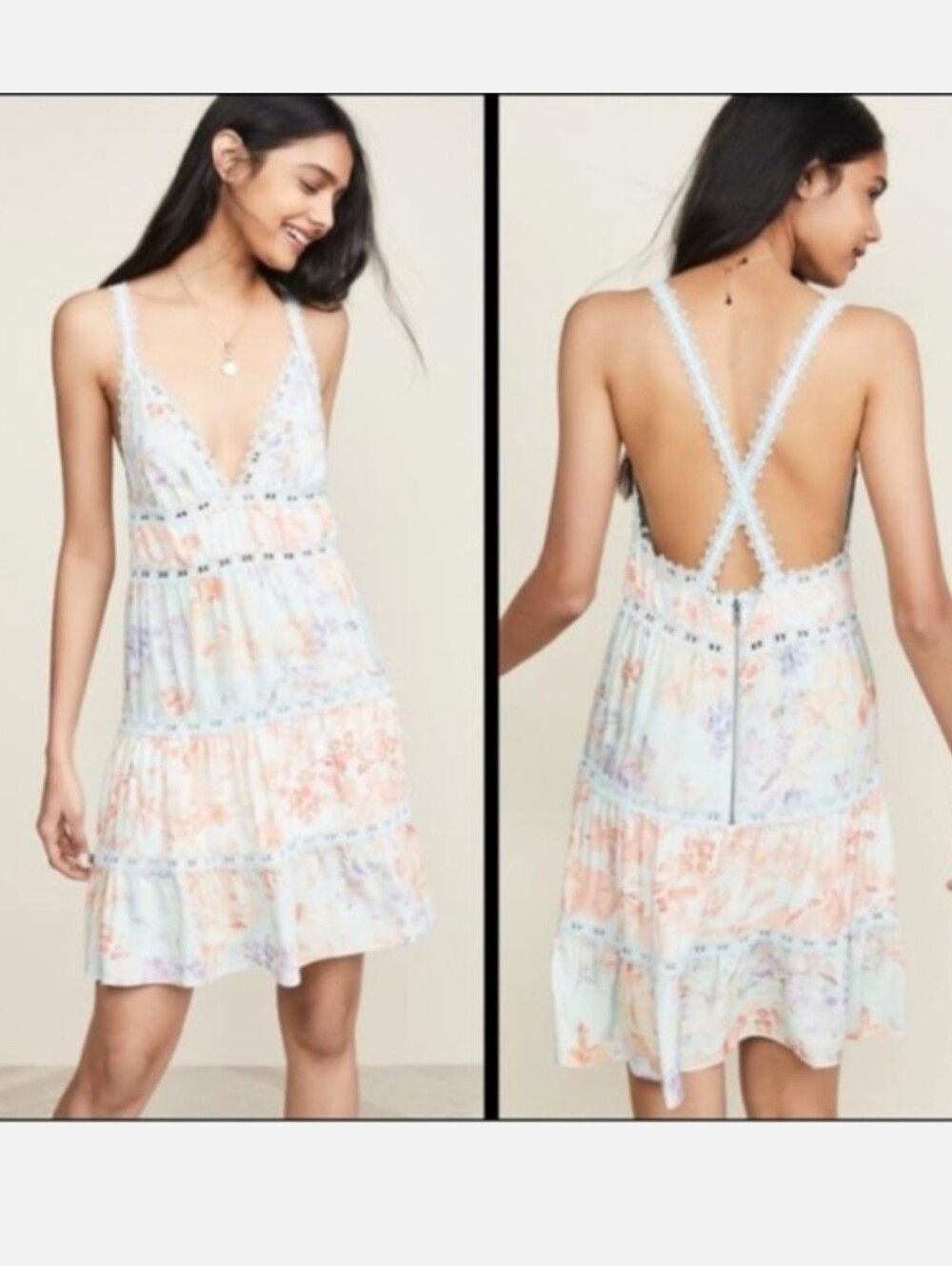 Alice + Olivia Karolina Blue Floral Strappy Mini Slip Dress Lace Size 12
